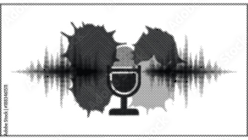 halftone illustration of wine glass with sound wave and reflection