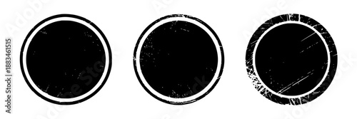 Three black distressed circular grunge stamps with white outlines, perfect for adding vintage or weathered effects to designs.