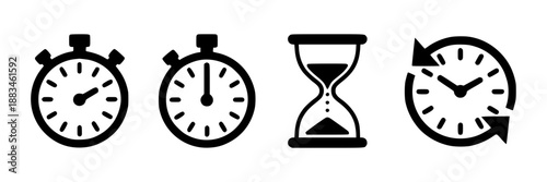 Collection of flat design black icons depicting time: stopwatches, hourglass, and circular clock with refresh arrows.