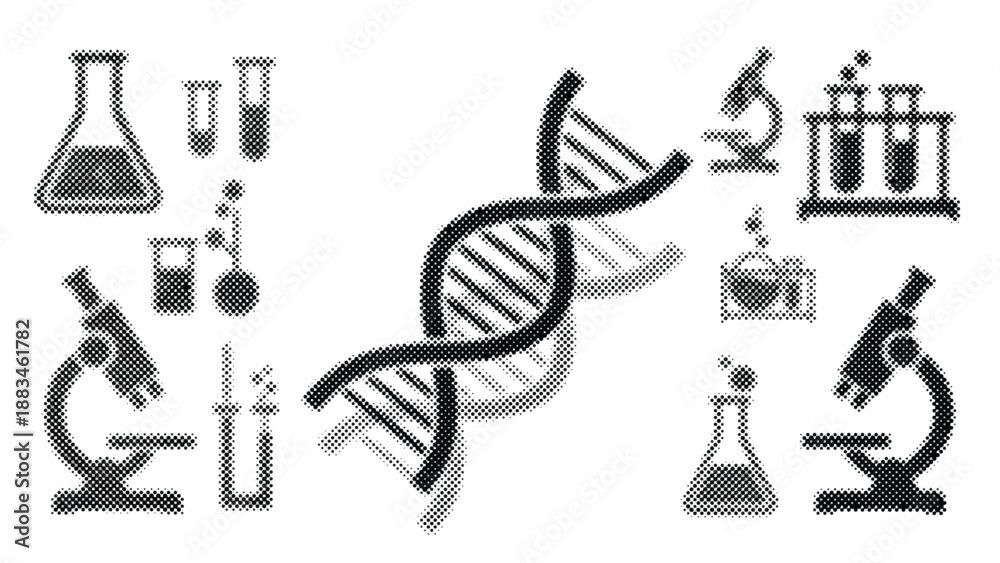 Obraz premium Halftone scientific icons including DNA helix microscopes and laboratory equipment