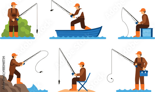Fisherman characters set fishing in different locations, boat, shore and ice fishing flat vector illustration collection