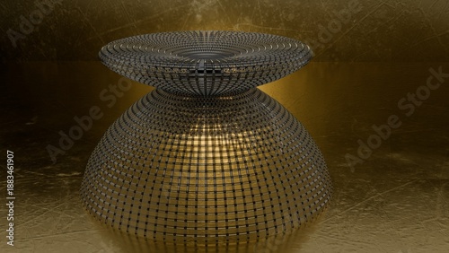 Fusion of tradition and innovation: Futuristic diamond glass woven lantern on ancient gold leaf background - Modern traditional interior: created by geometric 3D ACES 2.0 concept art render.