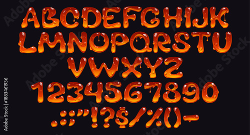 Honey bee font, sweet amber flow typeface, 3d yellow candy type, liquid tasty english alphabet letters and numbers set. Vector typography honey dripping font abc characters, melted sweet food type