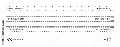 Perforated tear strip line vector border. Perforated tear strip line with dashed borders and directional arrows, text pull to open and open here. Packaging, product instruction, closure template