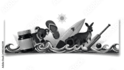 a rabbit on a surfboard riding a wave with a submarine  sea creatures surfing