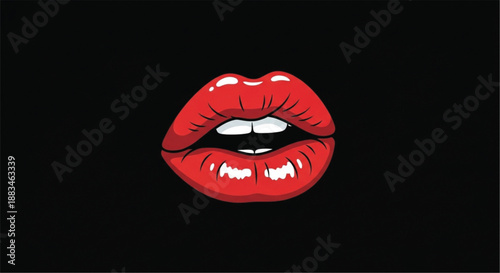 Red Lips Kiss Illustration on Black Background Sexy Love Icon Isolated