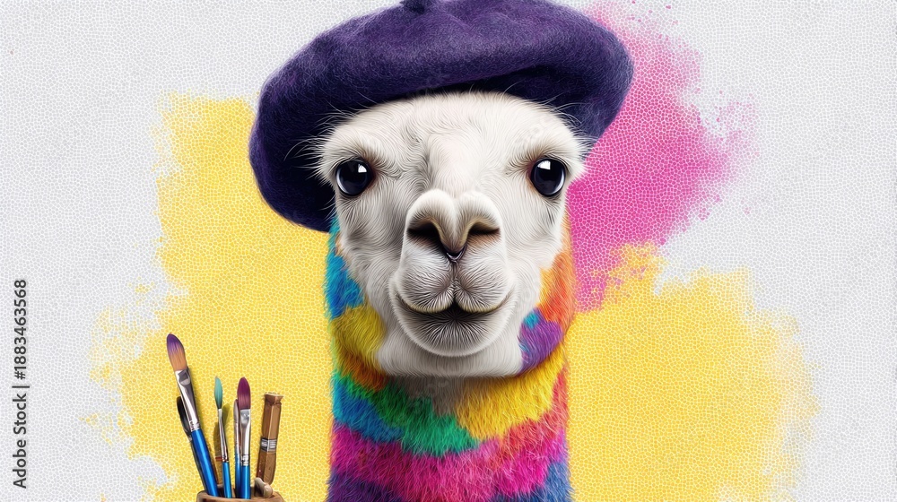 Fototapeta premium Colorful Artistic Llama in Beret Holding Paintbrushes Against Vibrant Background