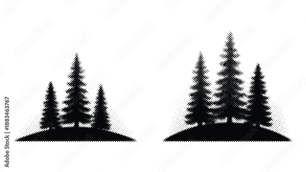 Fototapeta premium Halftone illustration of coniferous tree silhouettes on hills natural landscape elements