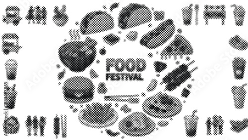 food festival halftone illustration with various dishes and drinks
