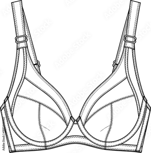 Women lingerie bra technical fashion illustration in black and white line art, detailed underwear design sketch isolated on white background for apparel, tailoring, and textile concepts