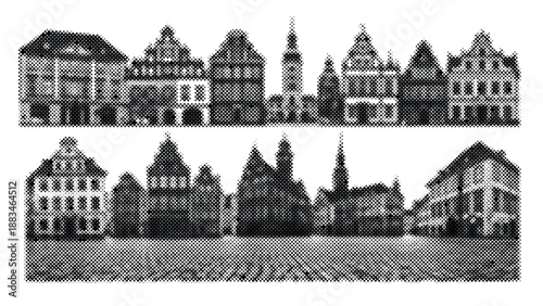 black and white illustration of old european buildings with steeply pitched roofs and spires  cityscape