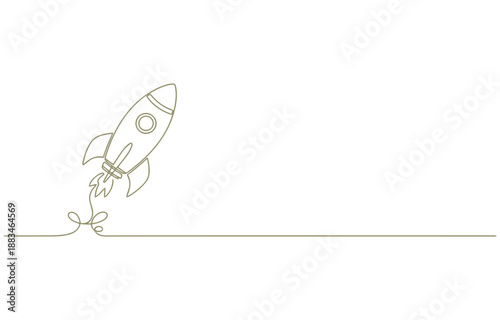 One continuous line drawing of simple retro spacecraft flying up to the outer space vector illustration