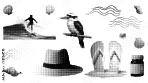 Halftone illustration of summer vacation objects and animals  a kookaburra bird a surfer a hat flip flops and a jar