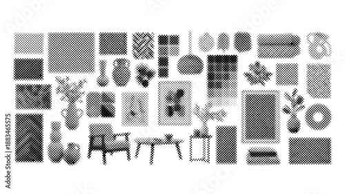 Halftone illustration of various shapes and objects in grayscale tones on white background