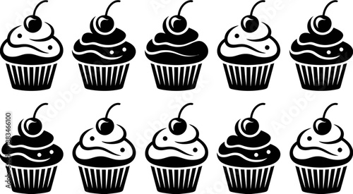 Cupcake silhouette icon collection featuring sweet dessert and bakery treats, cute muffins with frosting and cherry toppings, rendered in black and white pastry vector illustration style