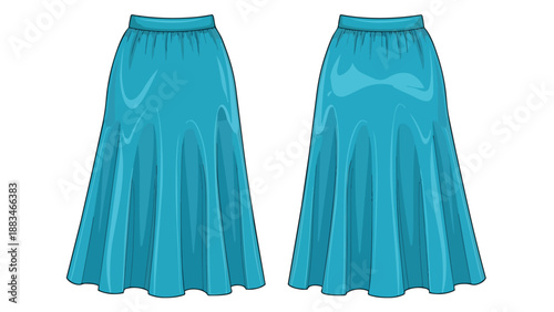 Vector illustration of a flowing teal maxi skirt, front and back views for fashion design and apparel development