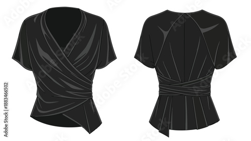 Black women's wrap top fashion flat. V-neck, short sleeves, tied waist detail. Front and back views for apparel design. Technical illustration for