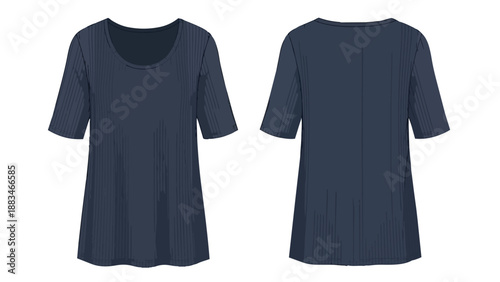Elegant deep navy ribbed scoop neck top design front and back views casual comfortable silhouette versatile clothing apparel fashion illustration