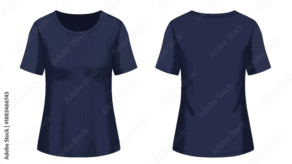 Naklejka premium A pristine blank dark navy blue short-sleeved t-shirt template presented with both front and back views, ideal for clothing designers creating