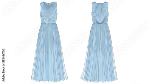 Light blue sleeveless formal gown design illustration. Pleated bodice, cinched waist, flowing dotted sheer skirt. Front and back views presented.