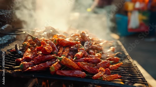 Pile of red chili peppers roasting over an open flame grill