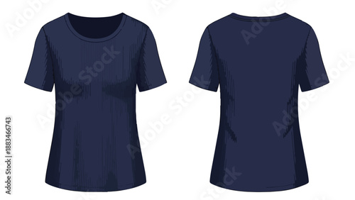 A pristine blank dark navy blue short-sleeved t-shirt template presented with both front and back views, ideal for clothing designers creating