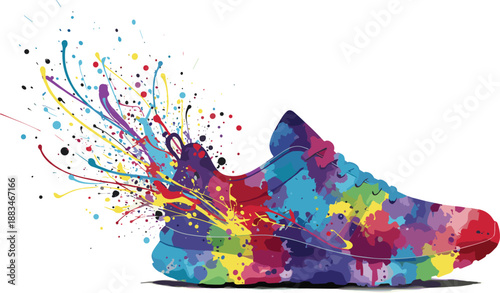 Colorful artistic running shoe illustration with vibrant paint splashes, creative sneaker design for fitness motivation, sports branding, and athletic footwear advertising.
