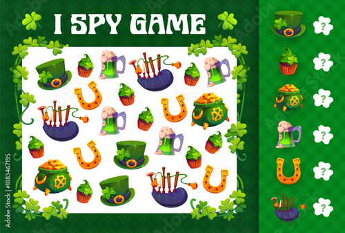 I spy game with St Patricks day objects. Irish holiday kids game vector worksheet, St Patricks ray quiz. Ireland festive I spy riddle with horseshoe, bagpipe, pot of gold, leprechaun hat and sweets