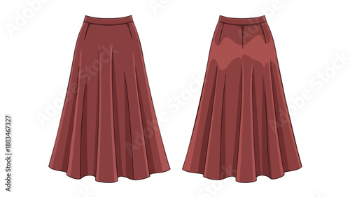 Detailed fashion illustration of a flowing pleated midi skirt in warm terracotta tone, front and back views displayed