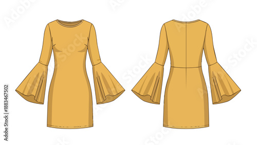 Modern ochre bell sleeve mini dress technical flat sketch showcasing front and rear views. This detailed fashion illustration serves as a precise