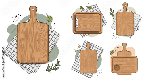 Variety of wooden cutting boards arranged with kitchen towels and fresh herbs on a clean white background for culinary presentation.