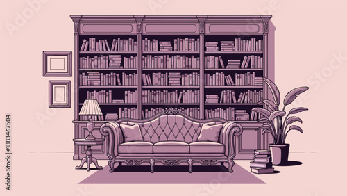 Classic library room featuring a comfortable tufted sofa placed in front of a massive wall to wall bookshelf filled with many books.