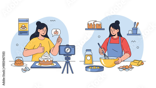 Young woman filming a baking tutorial at home while decorating a layered cake and mixing ingredients in a bright modern kitchen.