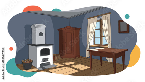 Traditional rustic interior of an old house featuring a large white tile stove and simple wooden furniture in a sunlit room.