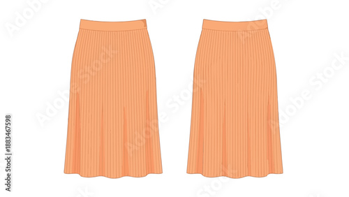 Elegant women's pleated midi skirt technical flat drawing presented in a charming soft peach color, showcasing both front and rear perspectives for