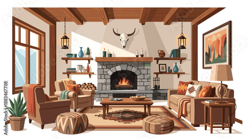 Cozy southwest style living room interior with a large stone fireplace, leather furniture, wooden beams, and rustic decorations.