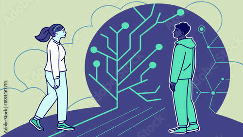 Person standing at crossroads with circuit path diverging symbolizing regret and decision making