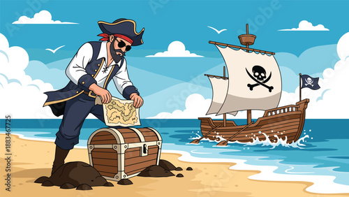 Pirate standing on a sandy beach opening a treasure chest with a map in hand and his pirate ship sailing on the blue ocean.