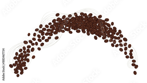 Dynamic arch of scattered brown coffee beans on a clean white background with subtle wavy lines suggesting aroma or movement.