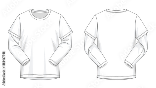 Clothing template showing front and back views of a white long sleeved t-shirt for fashion design and apparel mockups.