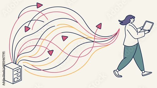 Woman walks with laptop as invisible moderation walls block online content flow from server