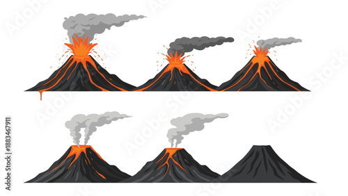 Illustration shows the sequential stages of a volcanic eruption from a dormant state to explosive ash and flowing lava flows.
