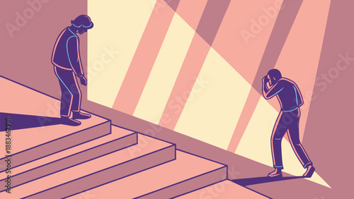 Two sad people standing on stairs with fading light symbolizing data decay and digital decline concept