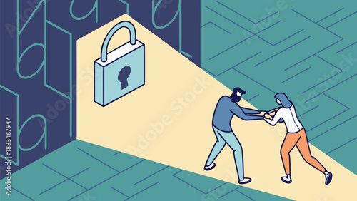 Data privacy concept with two people pulling on a rope towards a large padlock with a beam of light symbolizing secure information protection
