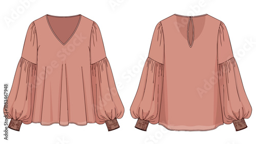 Women's V-neck blouse technical drawing, front and back views, showcasing voluminous balloon sleeves and gathered bodice, ideal for garment design.