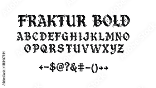 Set of decorative Fraktur Bold font characters includes the complete alphabet, numbers, and common punctuation marks in black ink.