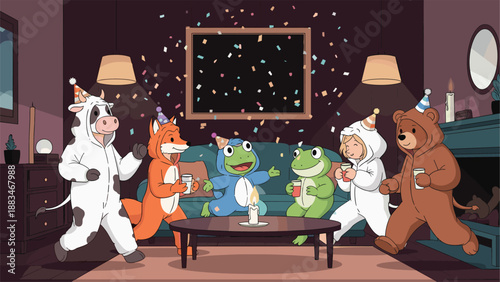 Group of children wearing animal onesies has a fun celebration with confetti and drinks in a cozy living room at a birthday party.