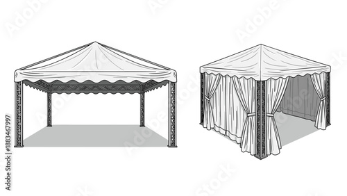 Two different styles of large white event tents are shown including an open canopy and a decorative gazebo with elegant curtains.