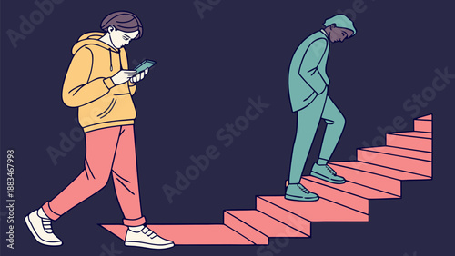 Digital burnout illustrated as glowing pixels two people on stairs with one descending into darkness symbolizing mental health and technology impact