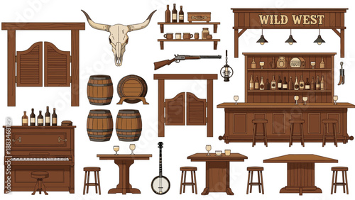Collection of wild west saloon furniture and objects including swinging doors a piano bar counter and whiskey barrels.